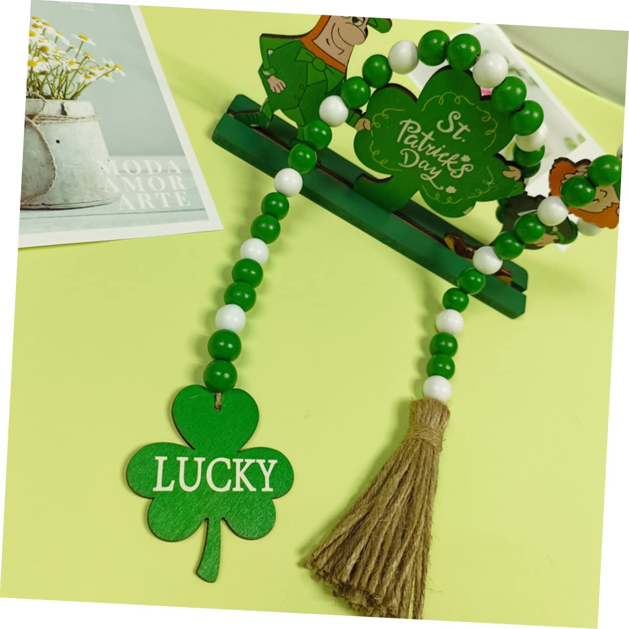 MAGICLULU 5st Klee Quaste Perlen Perlengirlande Girlandendekor Quastengirlande Tag Dekorationen Zum St. Patrick's Day St. Patrick's Day Charms Quastenperlen Hängende Türperlen Holz