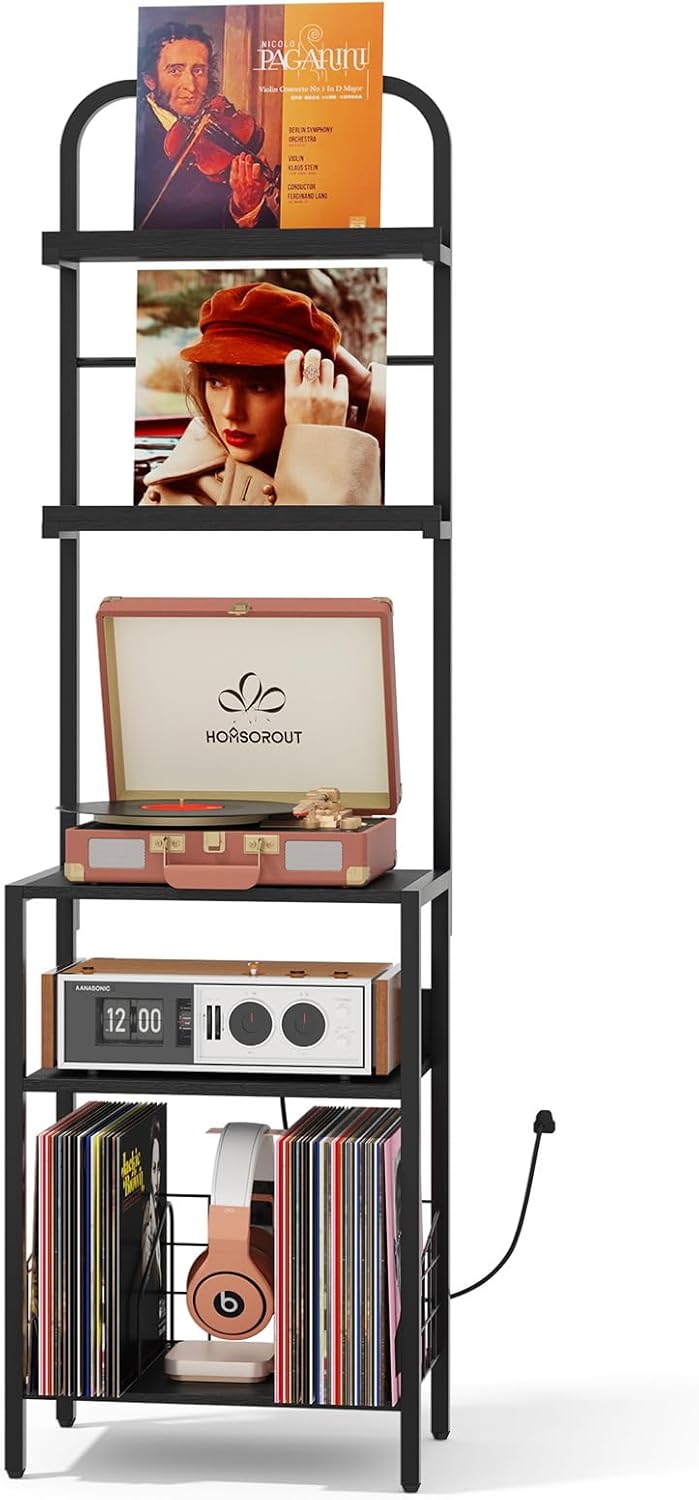 Record Player Stand with Vinyl Storage - 5-Tier Turntable Table with Power Outlet, Adjustable Feet, Metal & Wood Cabinet - Console Organizer Display Shelf for Living Room, Apartment
