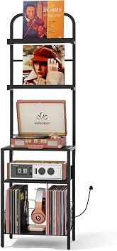 Homsorout Record Player Stand with Vinyl Storage - 5-Tier Turntable Table with Power Outlet, Adjustable Feet, Metal & Wood Cabinet - Console Organizer Display Shelf for Living Room, Apartment