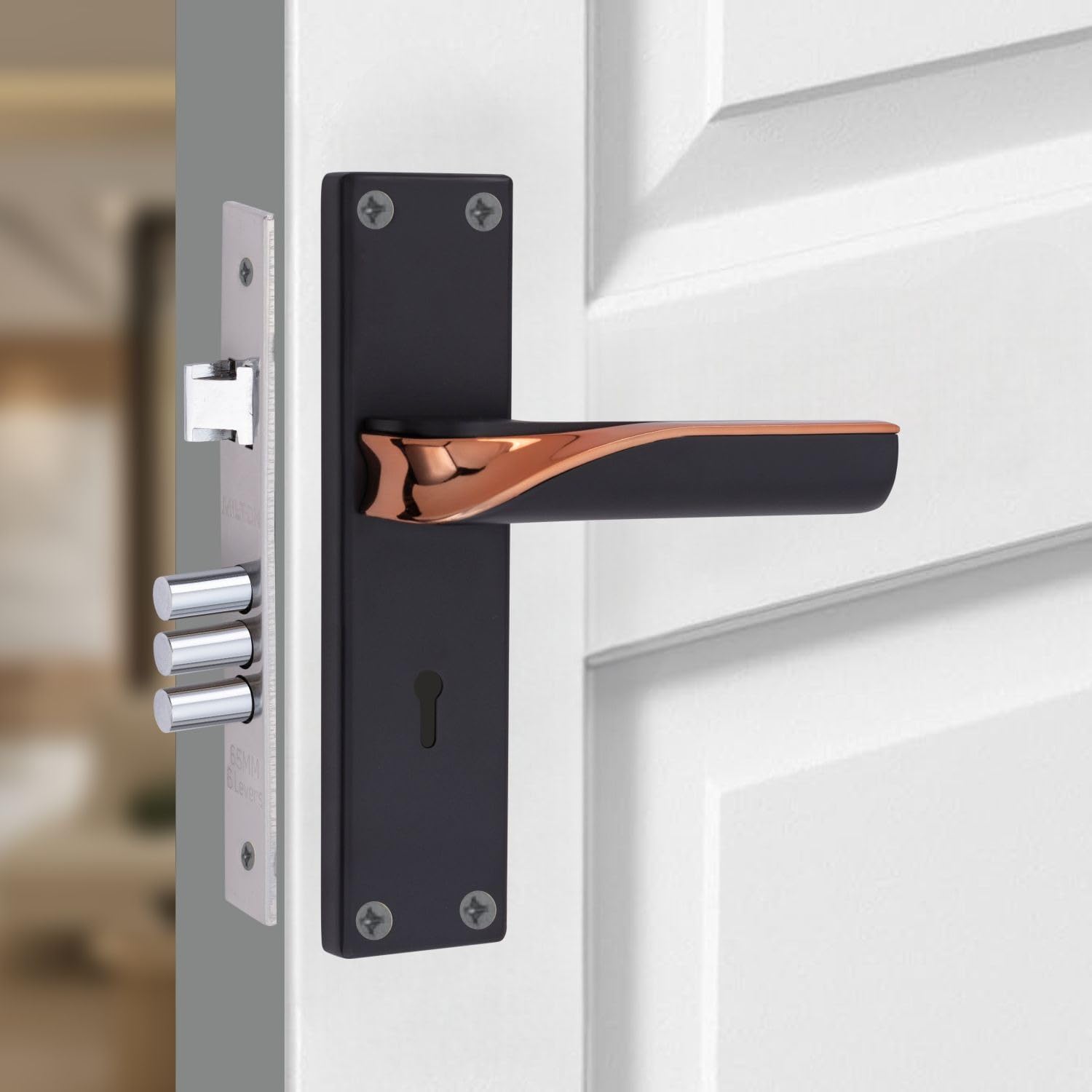 Milton ZINC Mortise Lock Set with Wave Design, Black and Rose Gold Finish, 8 Inch