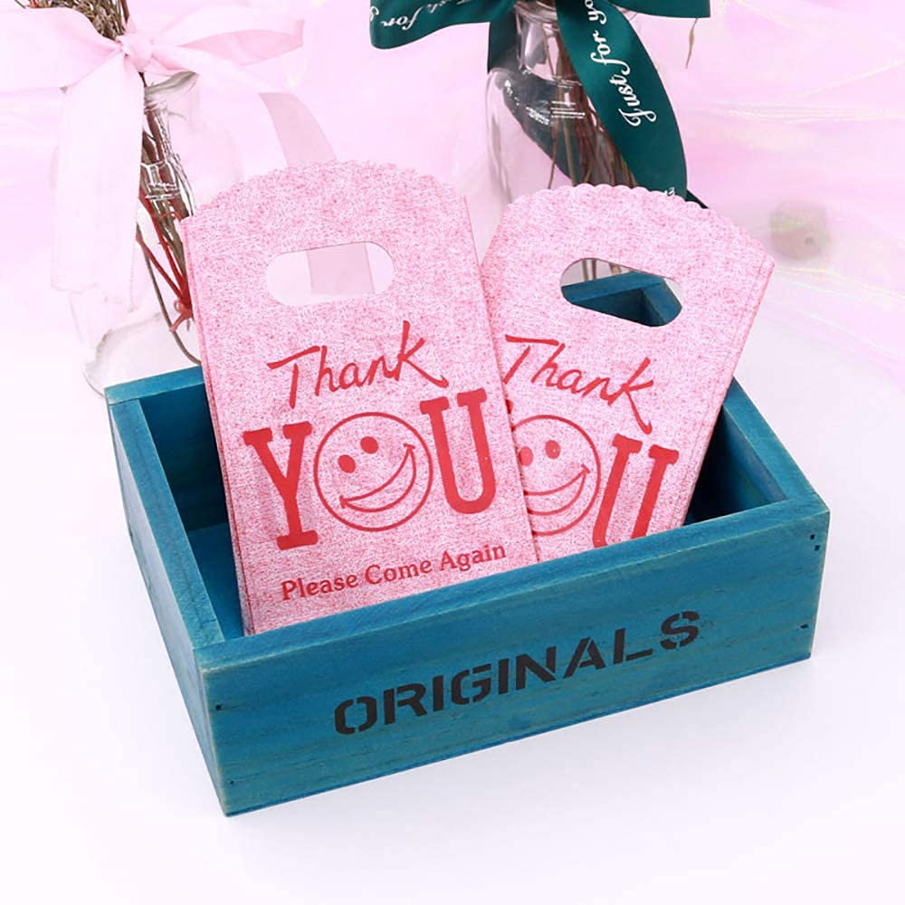 ELECDON Small Plastic Merchandise Bags, Small Shopping Bags, Small Retail Bags, Gift Bags with Die Cut Handles, for Shopping Red Thank You 100 Count 9 x 15 cm
