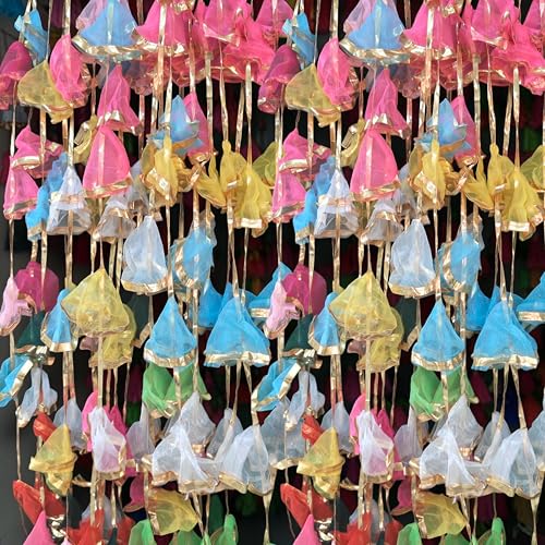 Image of iHandikart Pack of 10 Multicolor Gota Net Hangings (4 Feet) - Traditional Indian Decoration Latkans for Haldi, Mehandi, Wedding Backdrop, Ganesh Chaturthi & Festive Home Decor
