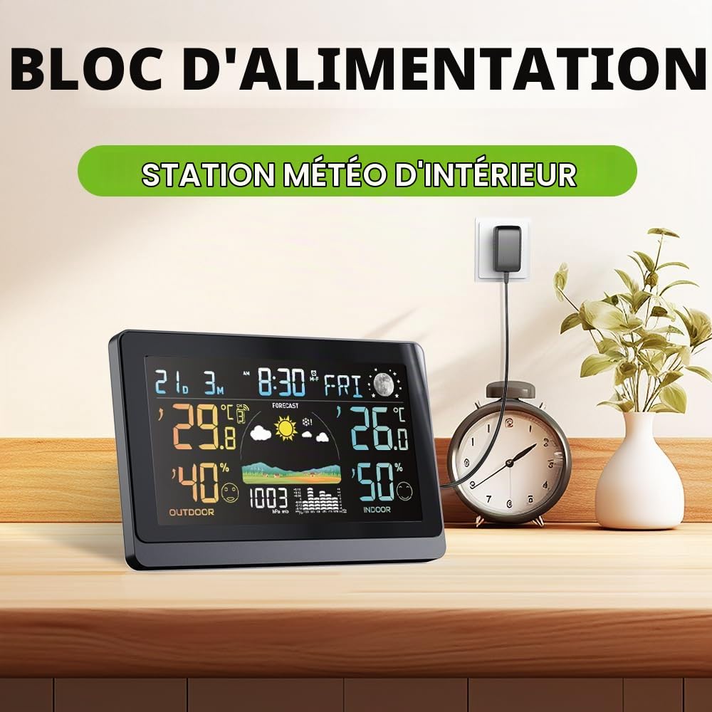 7,5 pouces DC Gros Station Météo Interieur Exterieur Sans Fil,Écran VA de couleur avec indication de la température intérieure et extérieure ainsi que de l'humidité