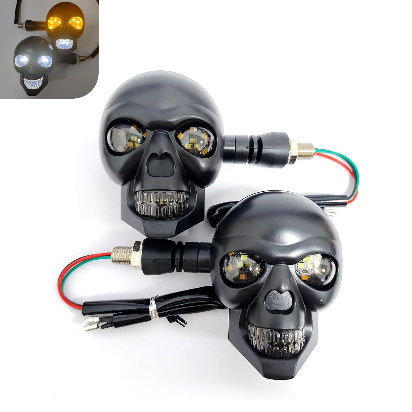 2 PCS Motorcycle Skull Turn Signal Light, 10 mm Screw LED Turn Signal Lamp with White DRL & Amber Direction Warning, Universal for Scooter Dirt Bike (White & Amber)