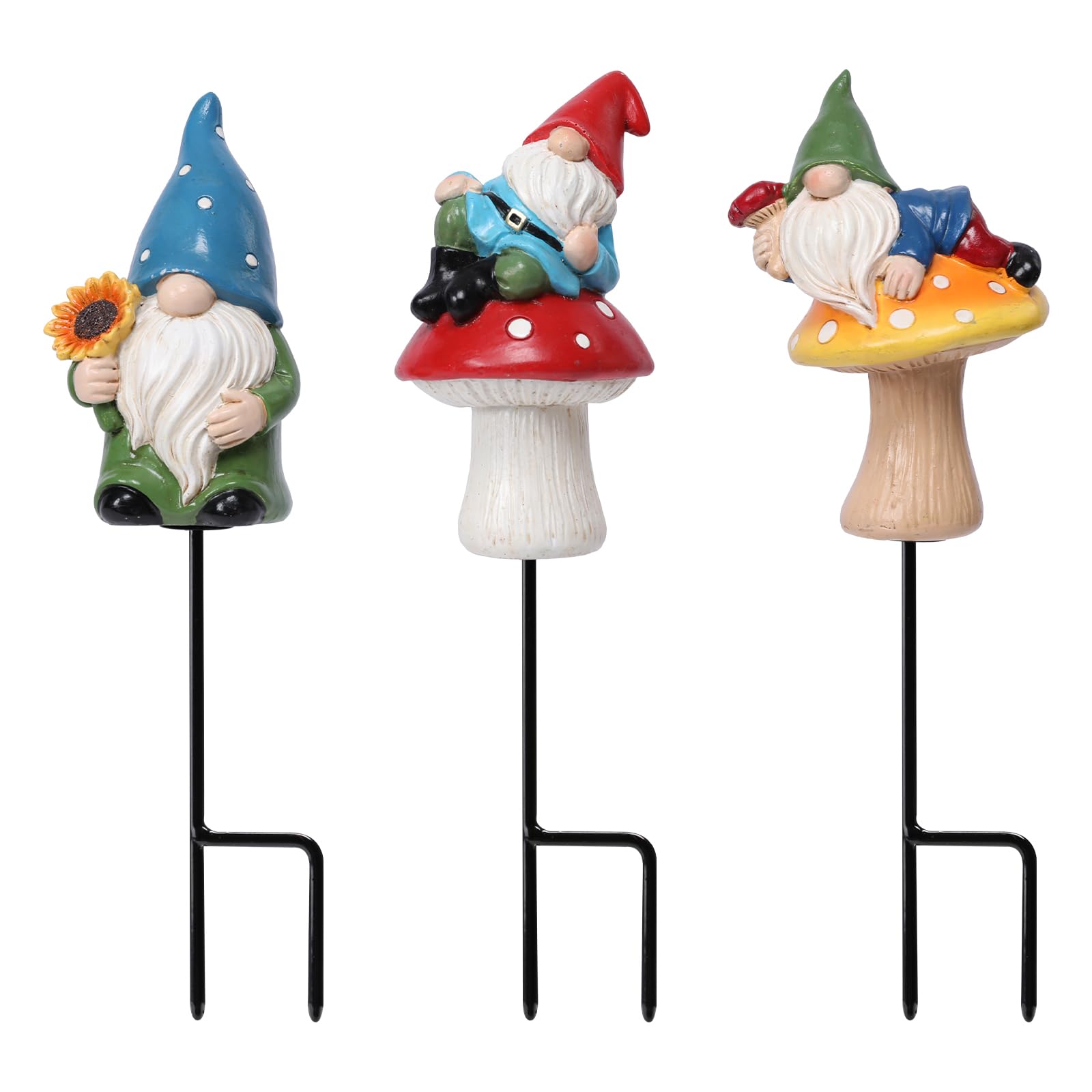 Ovewios Garden Gnome Statue, Resin Miniature Gnome Set of 3PCS, Figurine with Garden Stakes for Lawn Patio Yard Outdoor Home Decor