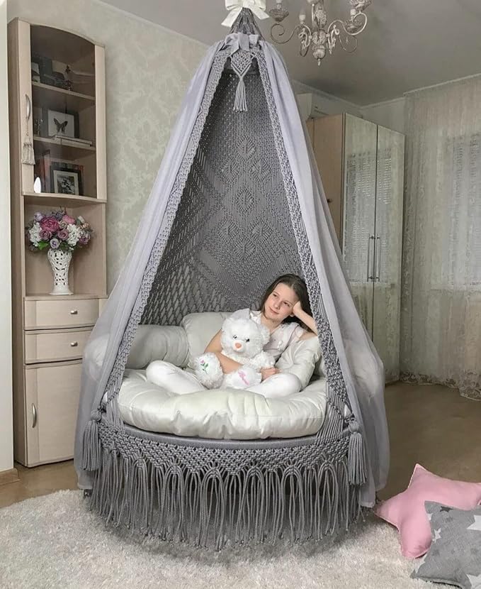 Image of Macrame Hanging Chair Swing with Cushions, Boho Indoor Round Hammock Seat Indoor & Outdoor - Patio, Balcony, Bedroom, Living Room, Garden-Kids, Adults (Grey with Stars)