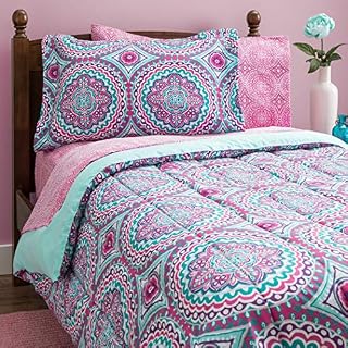8 Piece Girls Hippie Comforter Twin Set, Multi Floral Bohemian Bedding, Teal Blue