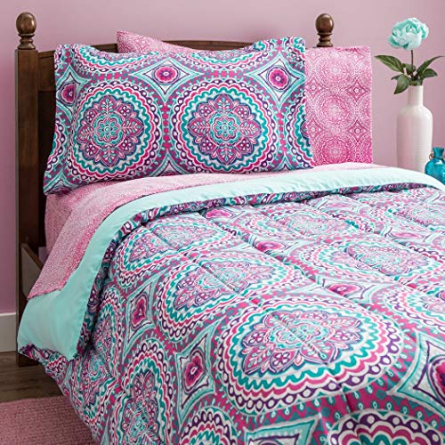 8 Piece Girls Hippie Comforter Twin Set, Multi Floral Bohemian Bedding, Teal Blue