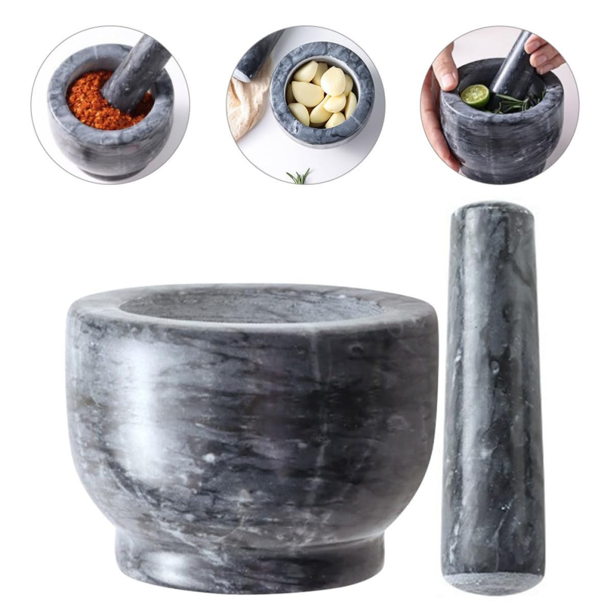 Mortier et Pilon en Marbre Noir, Facile à Utiliser, pour Ail et Poudre, pour Restaurant et Pharmacie