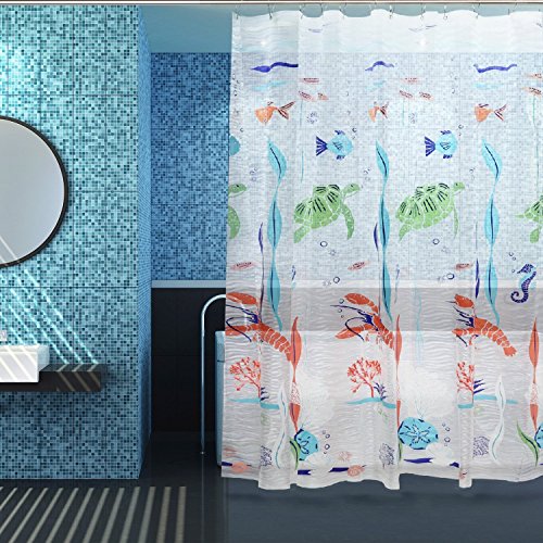 Kalokelvin PEVA 6G Shower Curtain Liner Waterproof with 12 Metal Hooks 72x72 Inches - Underwater World