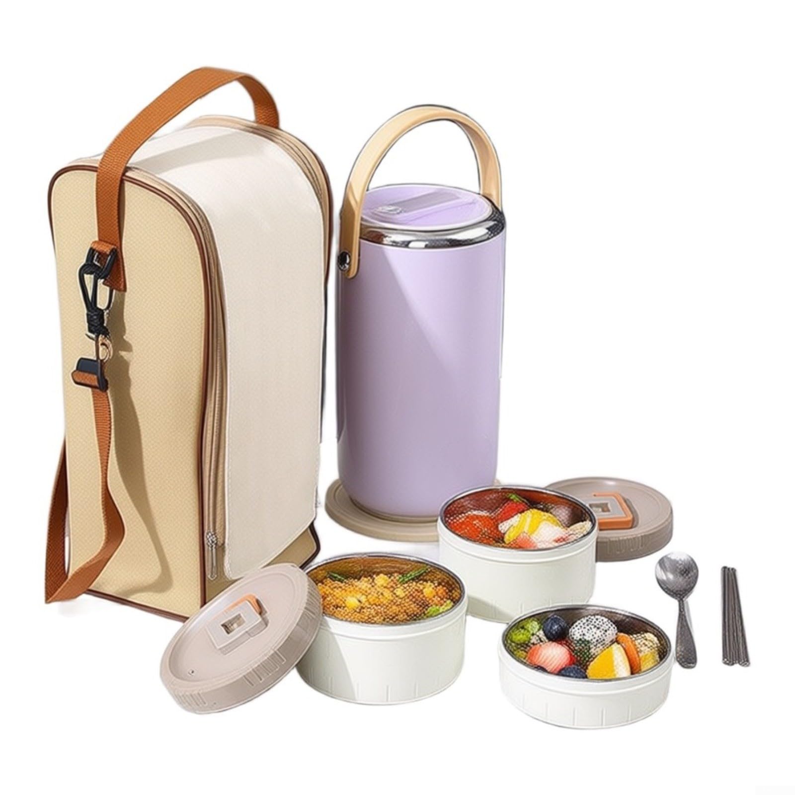 Lonchera de acero inoxidable de 3 niveles aislada al vacío, contenedor de alimentos fríos y calientes de 8 horas, juego a prueba de fugas con bolsa de transporte (morado)