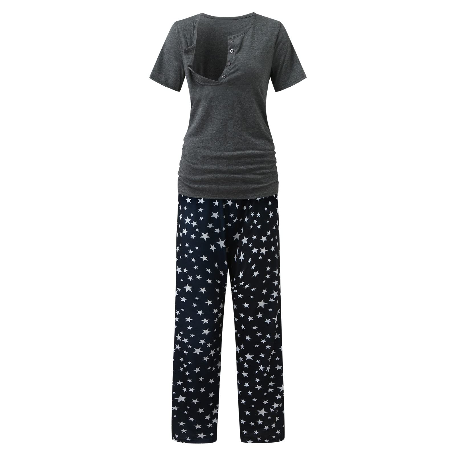 Schwangerschafts-Pyjama-Set, Nachtwäsche, Hose, Baby-Ärmel, T-Shirt, Stillen, Damen, Hemd, Umstandsschlaf, Nachtkleider, Frauen-Schlaf, grau, XL