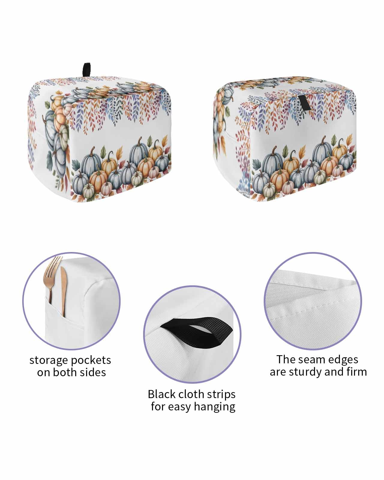 Autumn Toaster Cover 2 Slice, Pumpkin Leaves Bread Maker Dust Cover with Pockets for Kitchen Small Appliance 12x7.5x8in