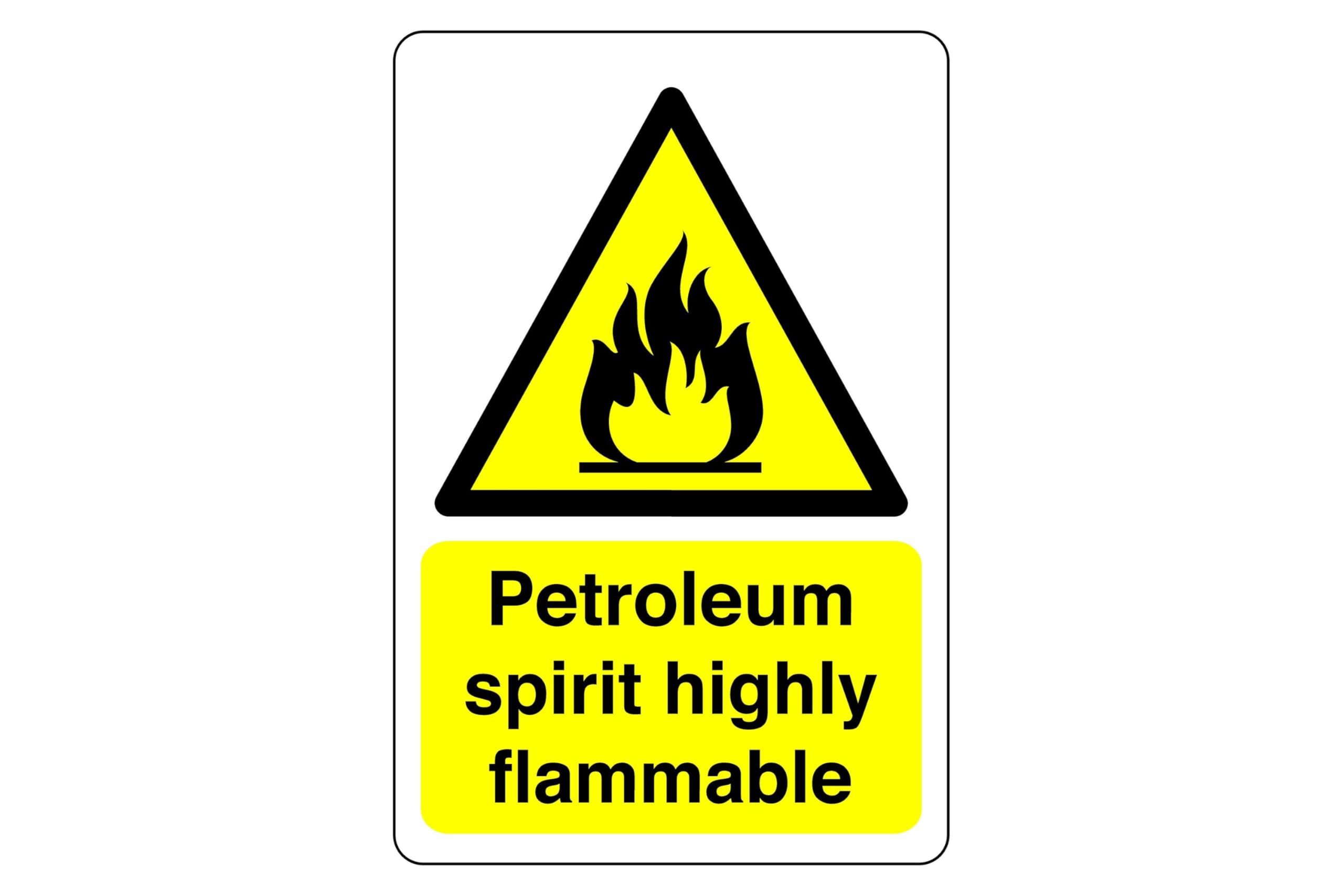 Petroleum spirit highly flammable sign - 1.2mm Rigid plastic for indoor/outdoor usage (150mm x 100mm) Viewing Distance within 3m.