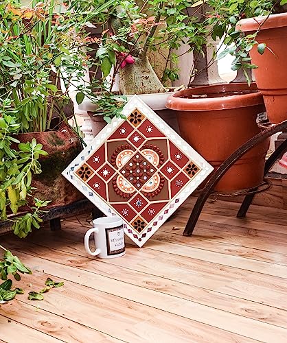 Image of Ethnics of Kutch Traditional Kutch Handicraft Mud-Mirrorwork Lippan Kam Wall Art (Water and Break Resistant) - Square (12 inch x 12 inch) - (White - LKT-0237)