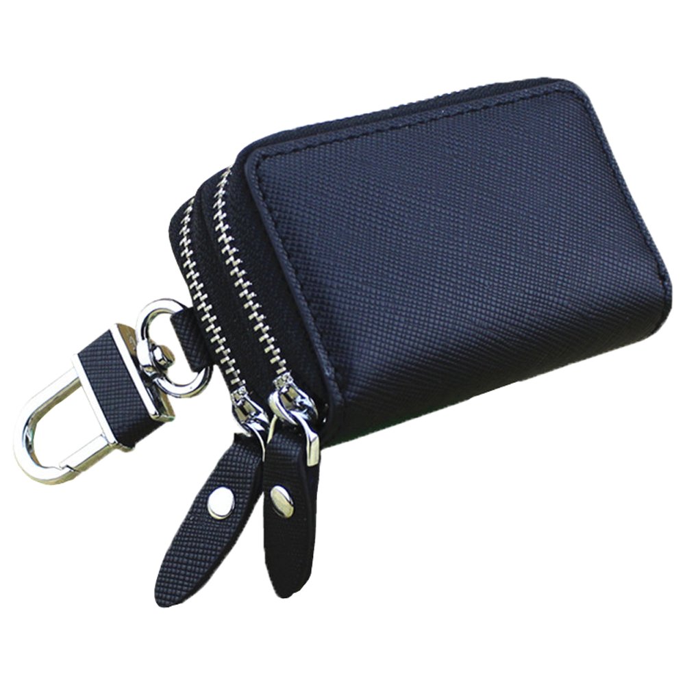 Multifunction Car Key Case Leather Double Zipper Car Key Chain Holder Wallet for Key FOB - Black