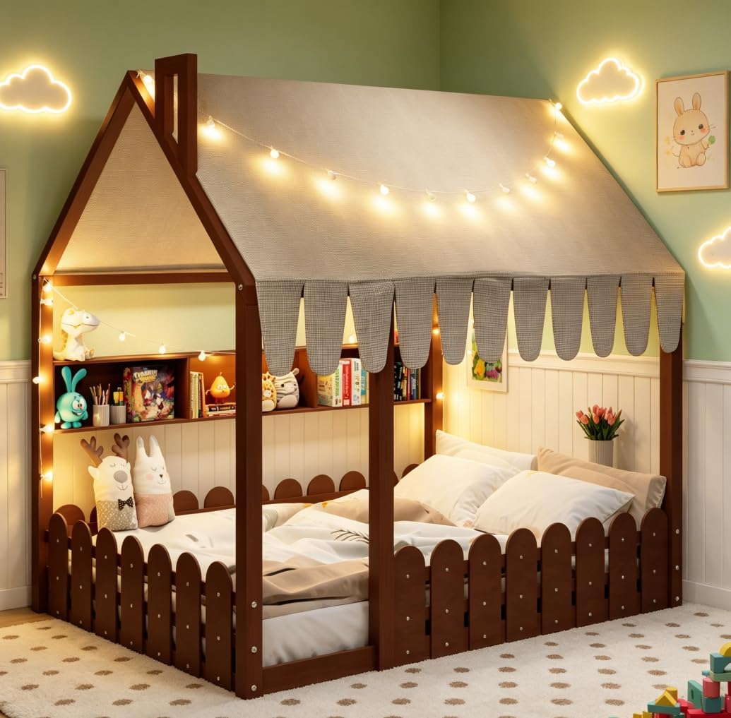 Bellemave Full House Floor Bed with Rail for Kids, Wood Montessori Floor beds with LED and Shelf and Tent for Kids, no slats Espresso