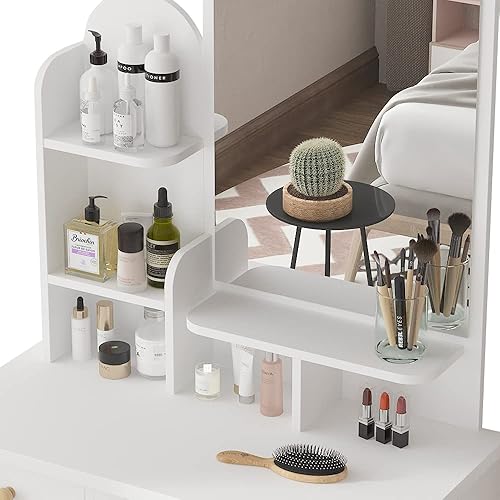 Miniatura 18 de FUFU&GAGA Juego de tocador con espejo rectangular, tocador de maquillaje con 5 cajones, estantes, tocador y taburete acolchado (B blanco/espejo