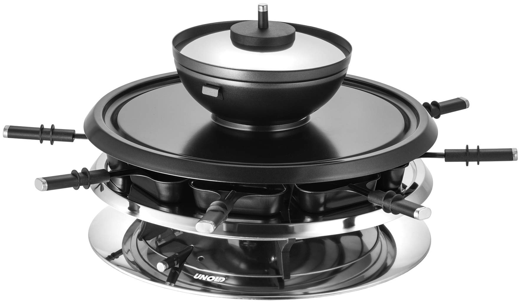 Unold 48726 Raclette Multi 4 in 1-1300 Watt, Für bis zu 8 Personen, Antihaftbeschichtung, Raclette, Fondue, Heißer Stein und Grill, Füllmenge ca. 700 ml