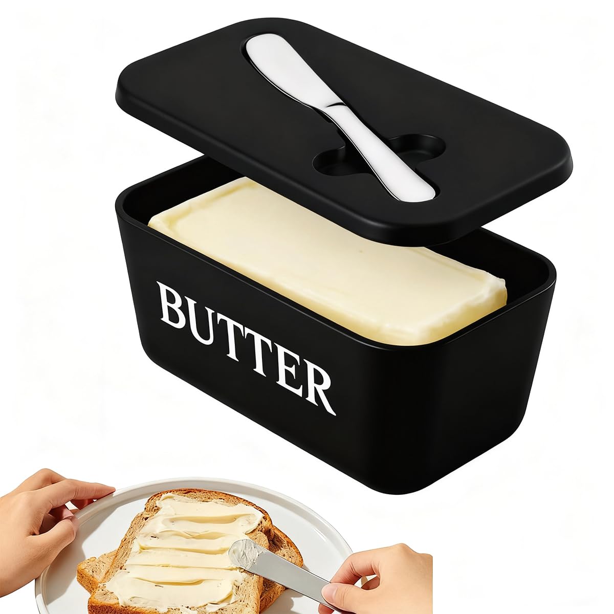 Uqingo Butter Dish with Lid and Butter Spreader Knife, Plastic Butter Holder Tray Container for Countertop and Refrigerator Door Shelf, Easy Scoop Dishwasher Safe - Black
