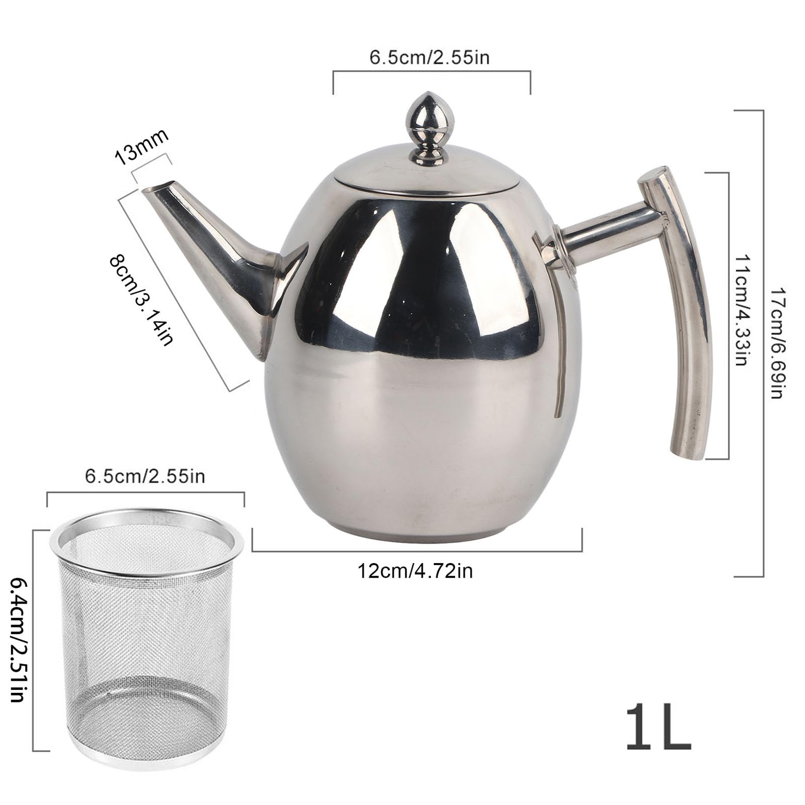 1.5L Stainless Steel Teapot Coffee Pot Kettle Container, Easy to Clean, Bottom & Leakproof Spout, Filter for Tea Leaves, Outlet on Lid, Large Capacity, Fashion Appearance,