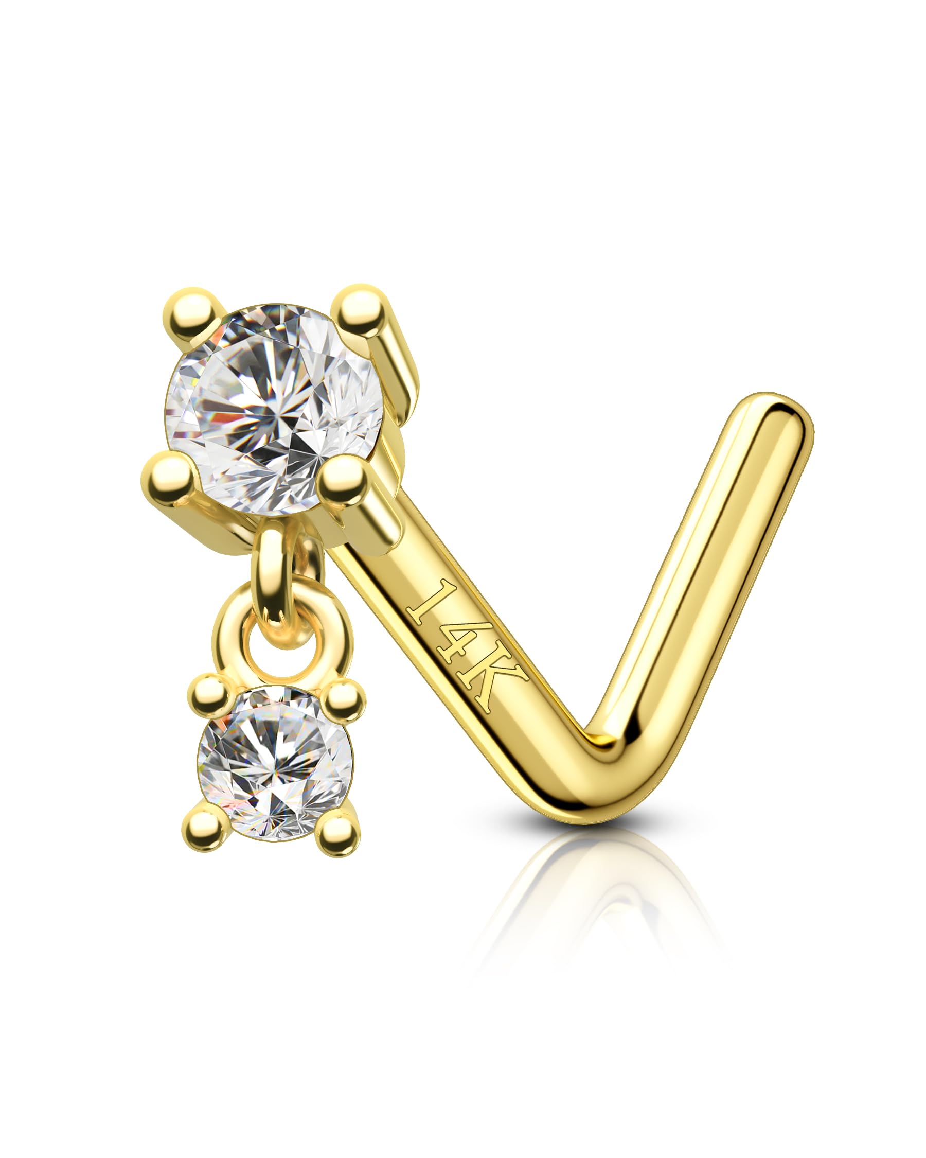 COCHARM 14K Gold Dangle Nose Stud 20g 22g 18g-Real Gold L Shape Nose Ring Stud, 14kt Nose Piercing 7mm Long Dangling Tiny Nostril Piercing 14 Karat