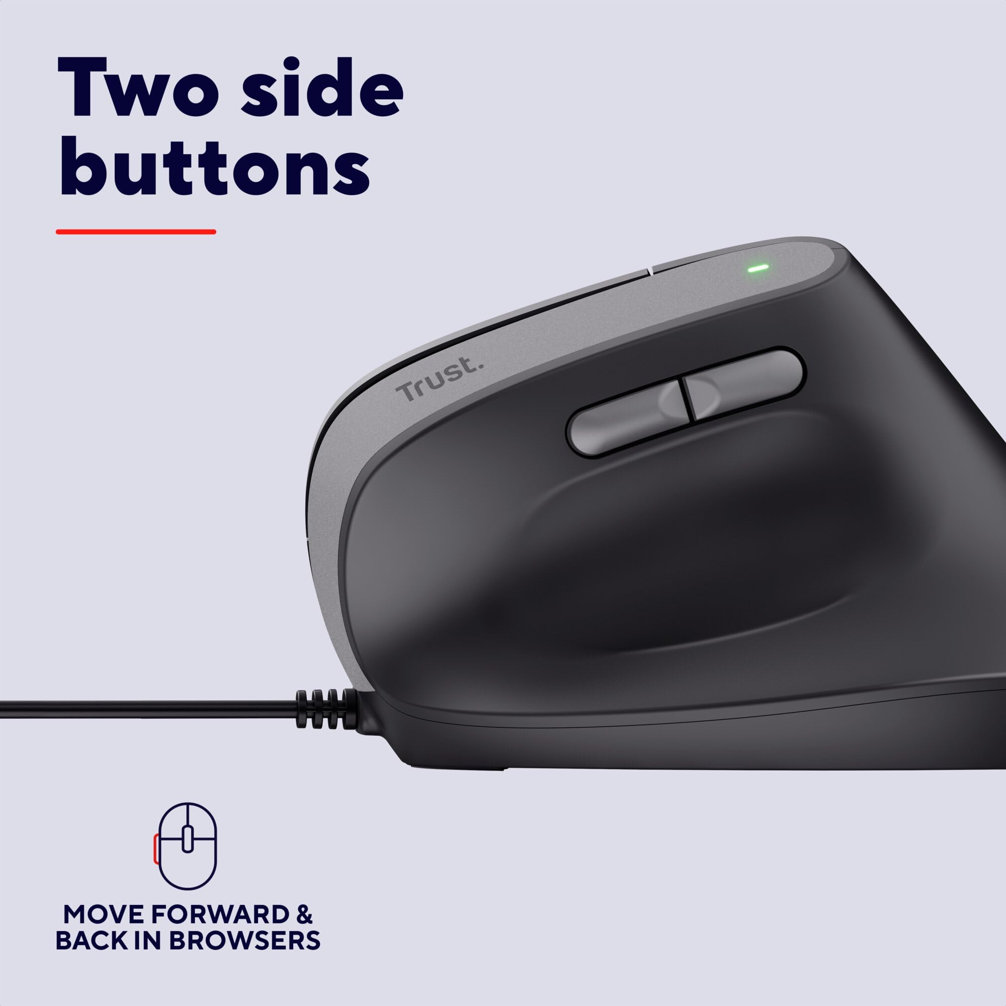 Trust Yuno ergonomiczna mysz przewodowa USB, myszka pionowa, czarna | dla osób praworęcznych, 800-2400 DPI, kabel 150 cm, sensor optyczny, 6 przycisków, 60% plastiku z recyklingu