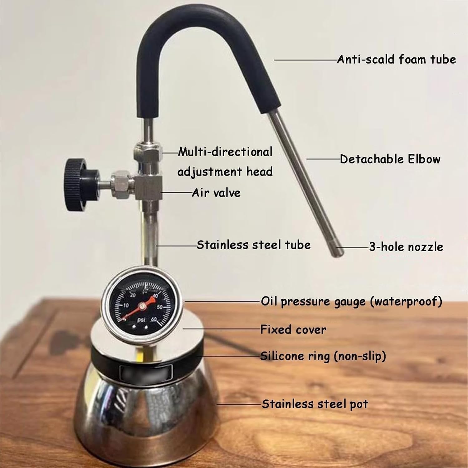 Macchina For Schiumare Acqua Bollente A Vapore, Montalatte Da Esterno, Con Ugello A 3 Fori, Bollitore In Acciaio Inossidabile, Riscaldamento A Induzione, Con Manometro Della Pressione Dell'aria