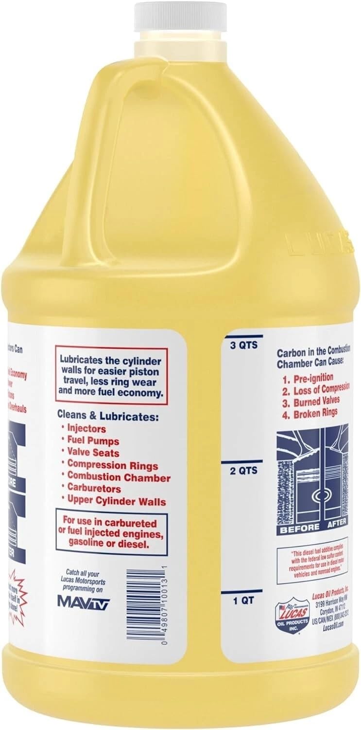 Lucas Oil Limpiador para inyectores y lubricante para cilindros superiores, paquete de 4 bidones, modelo 10013 – Aditivo para el tratamiento de combustible diésel y gasolina