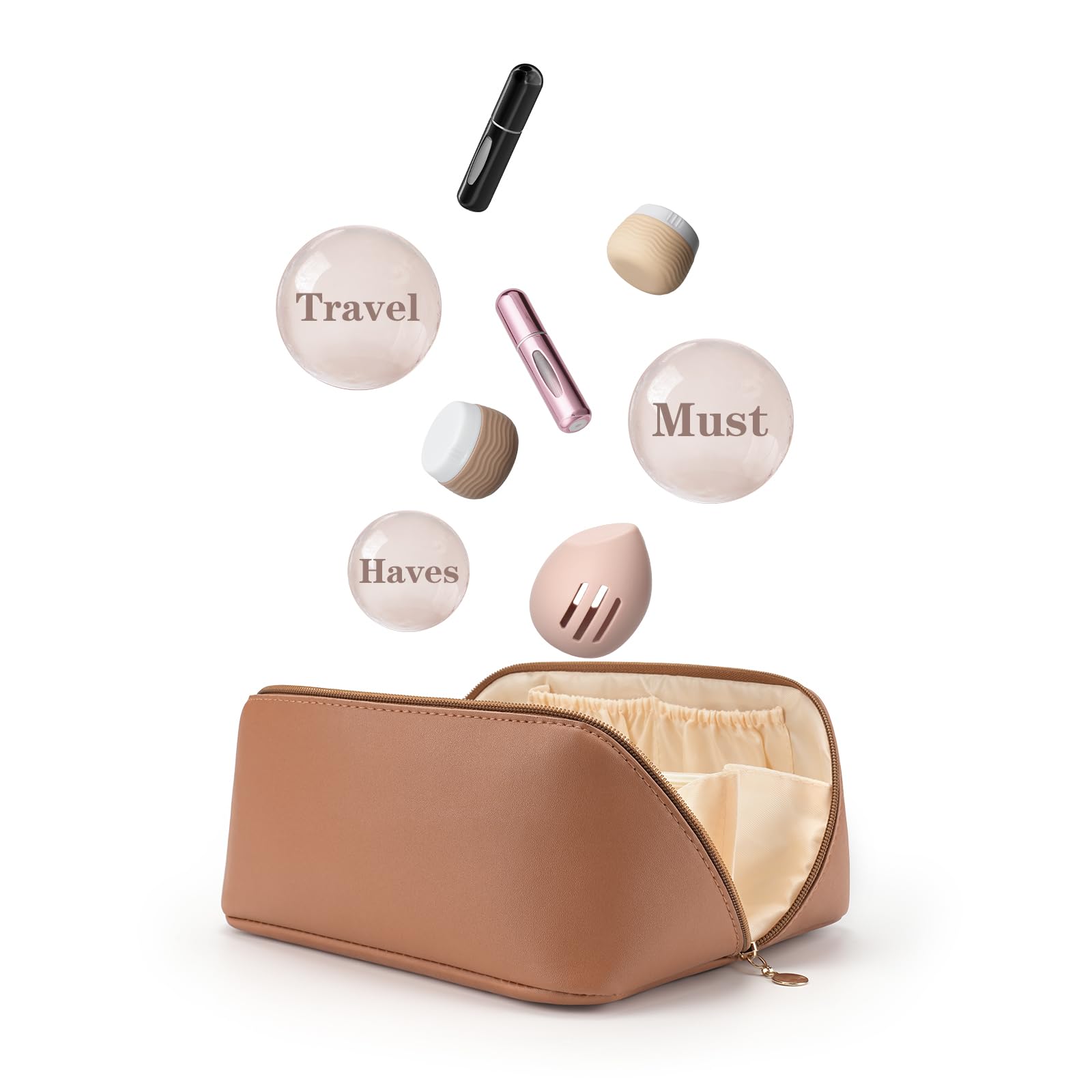 YinkeTravel Kit includes Travel Makeup Bag and Travel Size Containers for Toiletries(Travel Cream Jars, Mini perfume Refillable, Makeup Sponge Holder), Large Capacity Cosmetic/Toiletry Bags for Women