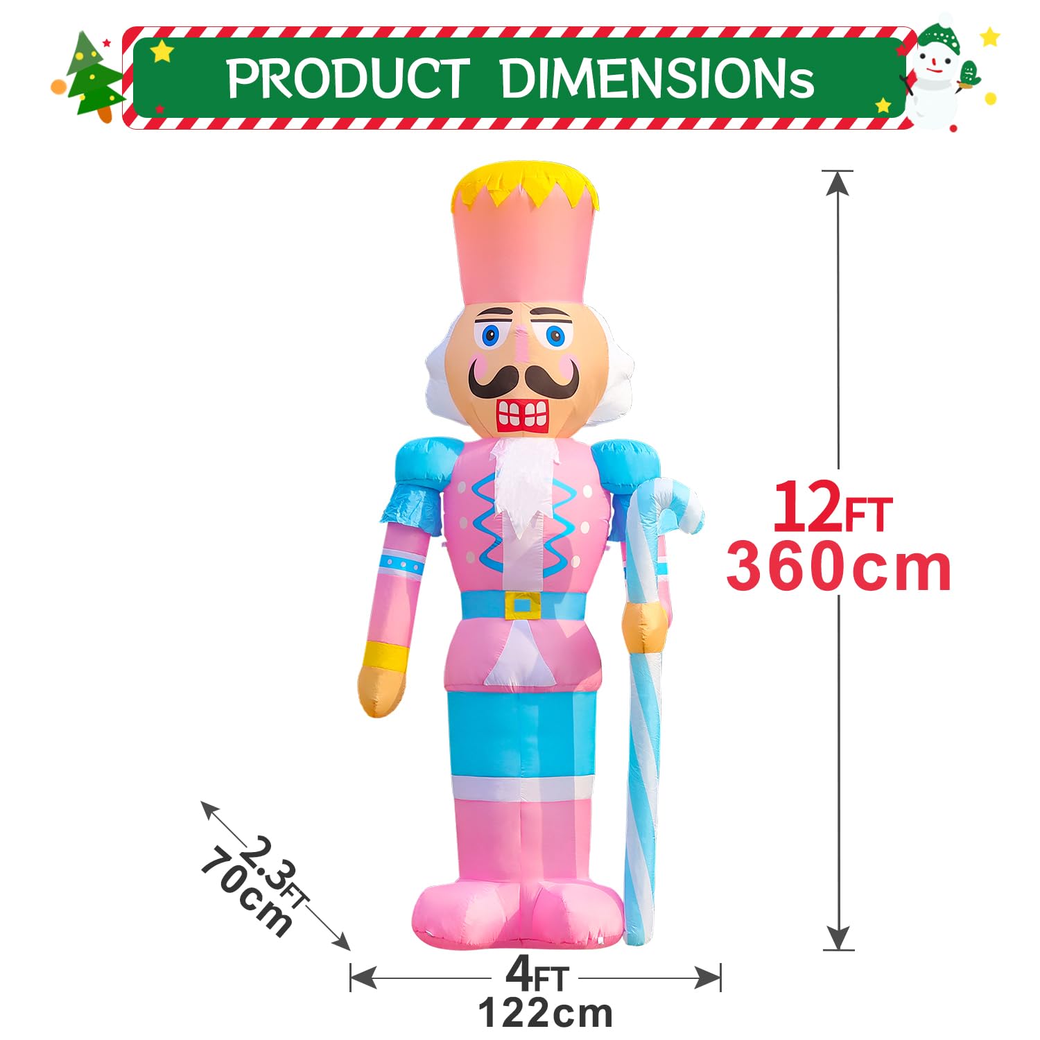 DomKom 12FT Giant Pink Christmas Inflatable Nutcracker Soldier with Candy Cane Built-in LED Lights Inflatable Decorations - Waterproof Outdoor/Indoor Blow Up Holiday Yard Decor: Pink Nutcracker