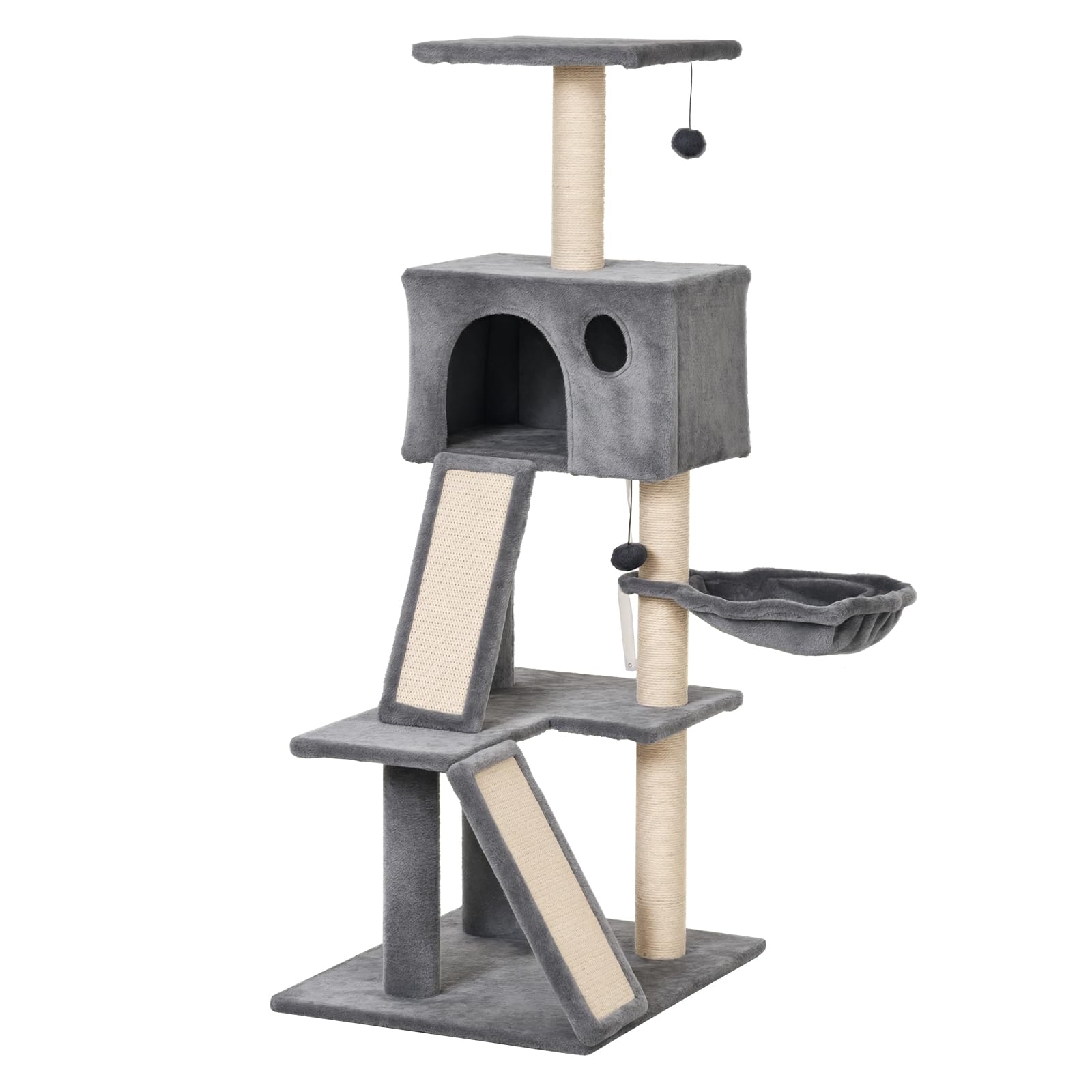 PawHut Albero Tiragraffi Accessoriato con Cuccia Lettino Sospeso e 2 Pedane in Peluche Grigio | Cuccia, Lettino Sospeso, 2 Pedane, Corda Sisal