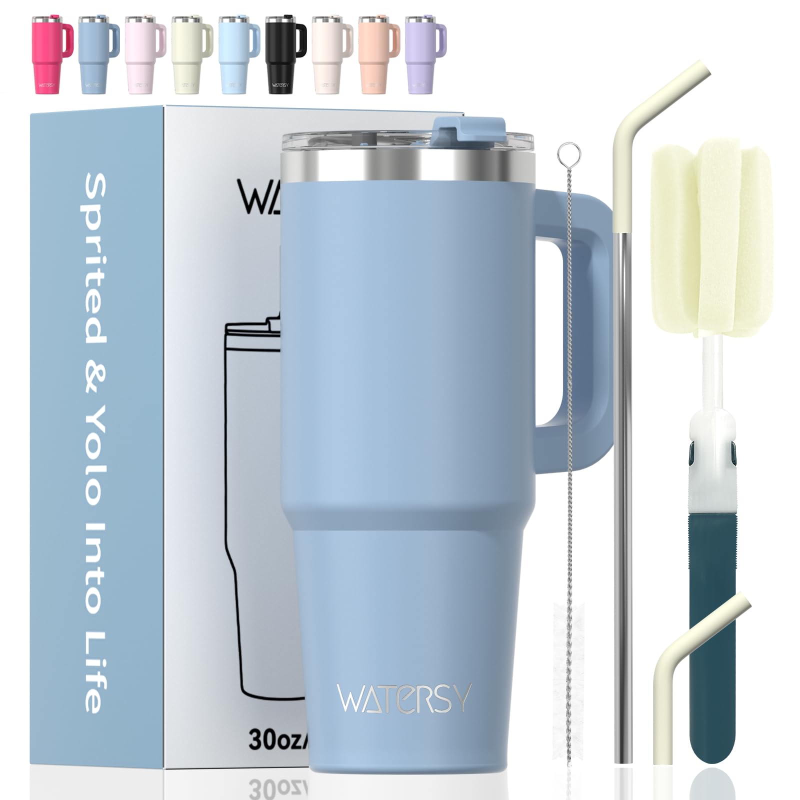 30 oz Tumbler with Handle,Tumbler with Lid and Straw,Double Wall Insulated Cup Stainless Steel Travel Mug(Cold for 34 Hours),Water Bottle for Iced Tea,Coffee,Cold Beverages(Smog Blue)