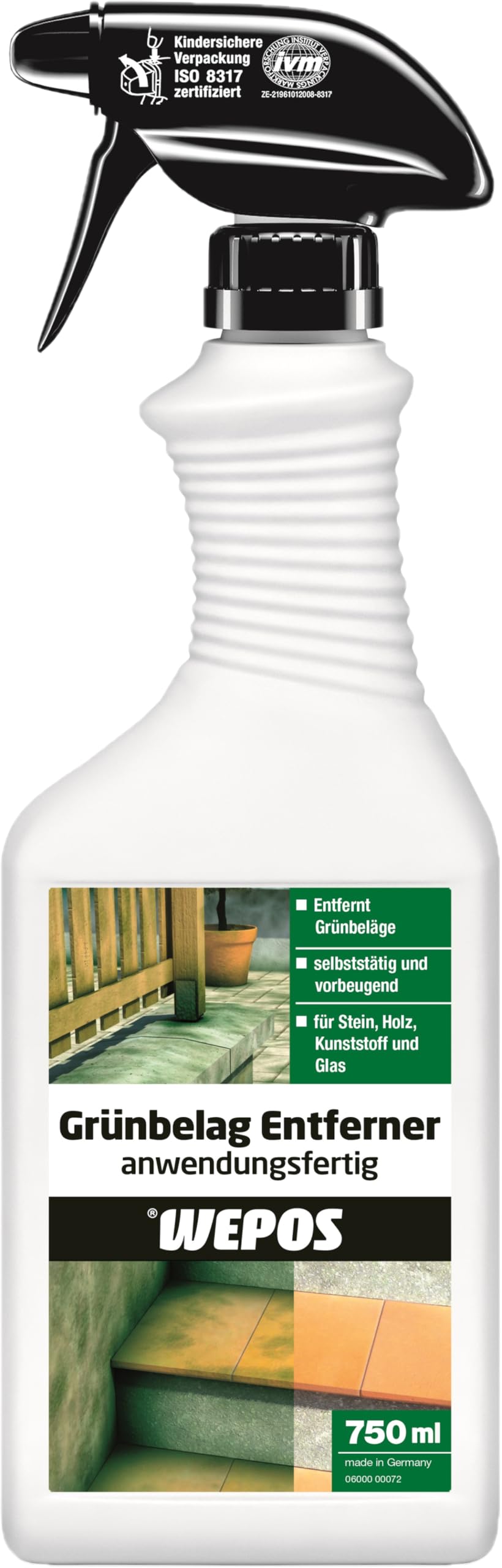 Wepos Grünbelag Entferner Anwendungsfertig 750ml | selbsttätig und vorbeugend | für Stein, Holz, Kunststoff und Glas
