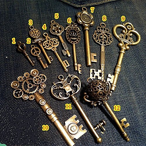 bouti1583 WellieSTR Vintage Skeleton Keys Charm Set Royal Key in Antique Bronze Pack of 12 Keys, 12 Different Style, No Repeat