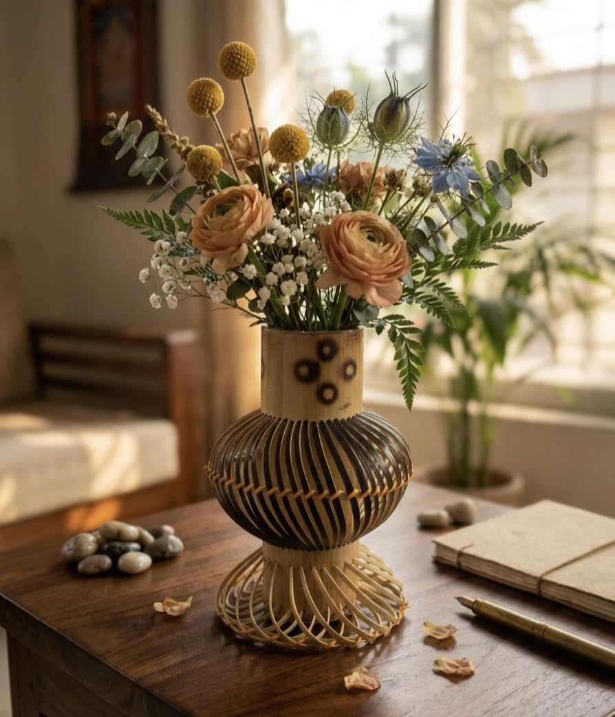 Handcrafted Bamboo Table Flower Vase, Woven Design, Natural Finish, Home and Office Decor-picture-24