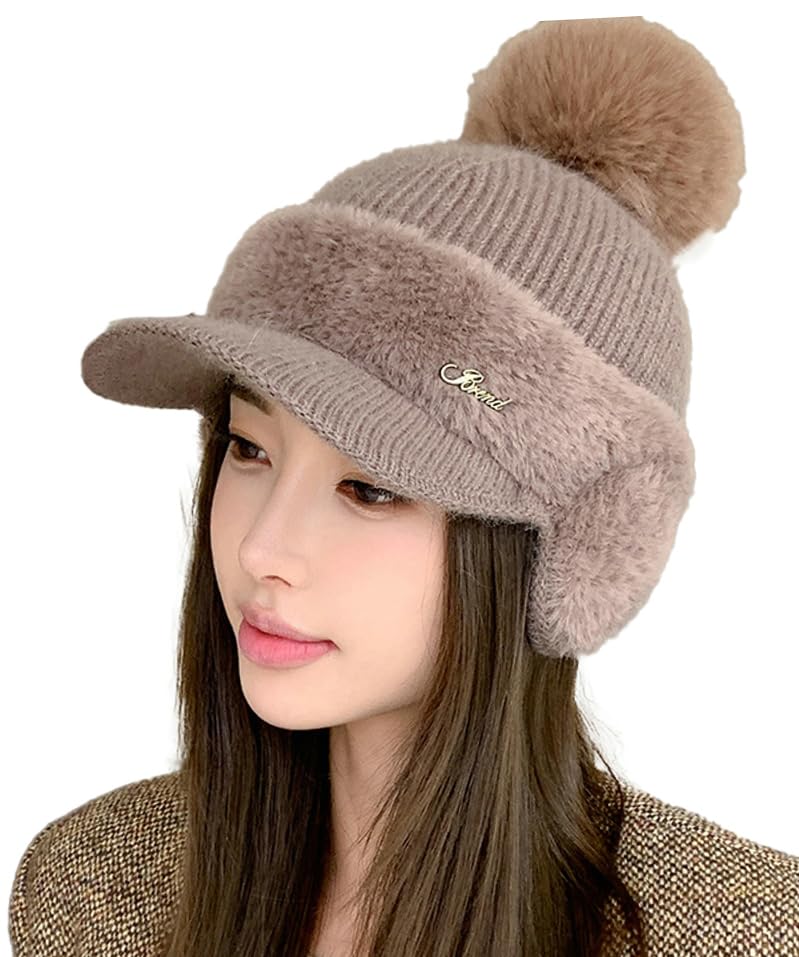 Knit Baseball Caps for Women Cute Beret Hats with Earmuffs Pompom Winter Warm Sweet Hats for Cold Weather