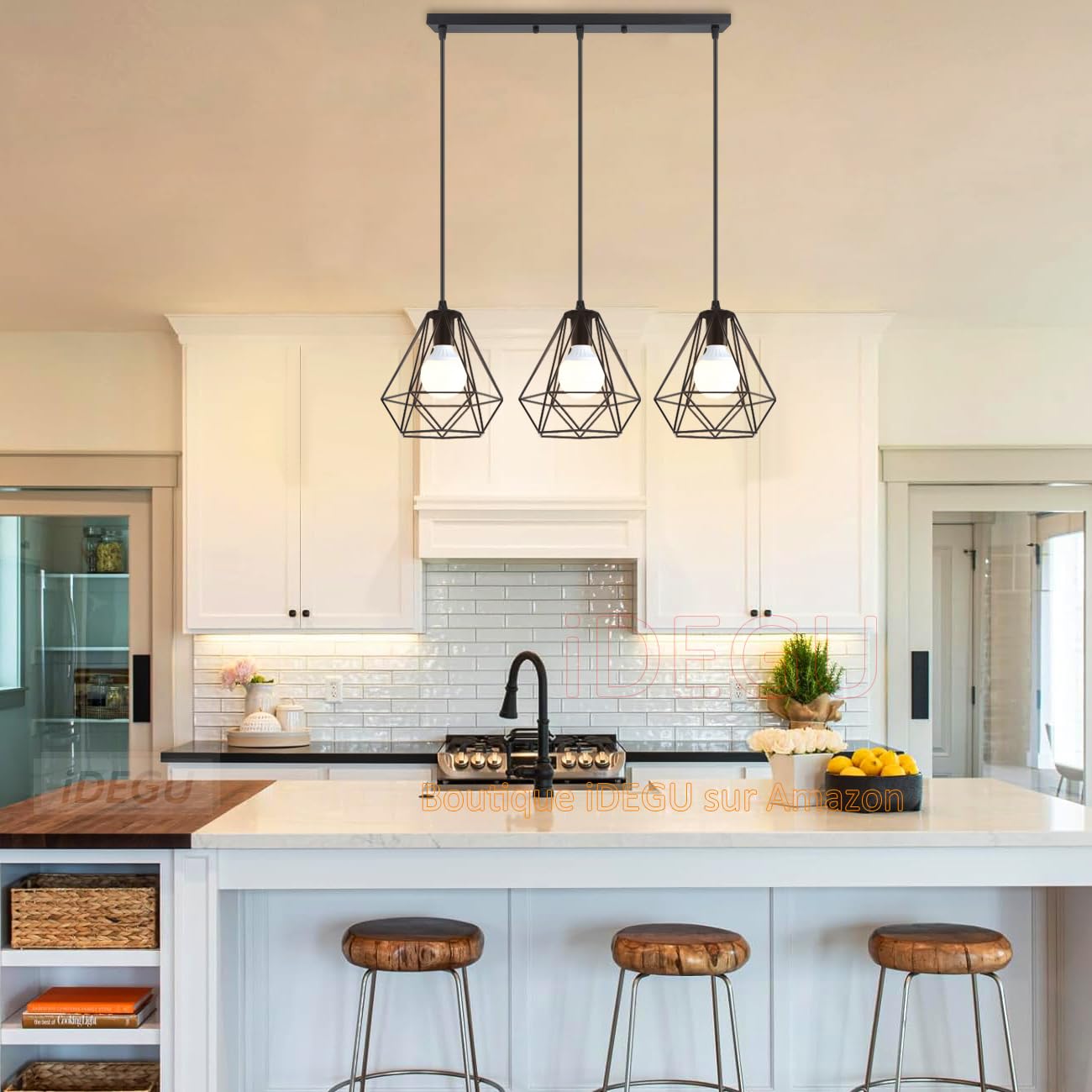 iDEGU 3 Luci Lampadario a Sospensione Vintage Industriale Lampada da Soffitto Paralume a Forma di Gabbia in Metallo E27 Lampada a Sospensione per Cucina Sala da Pranzo Soggiorno (Palo)