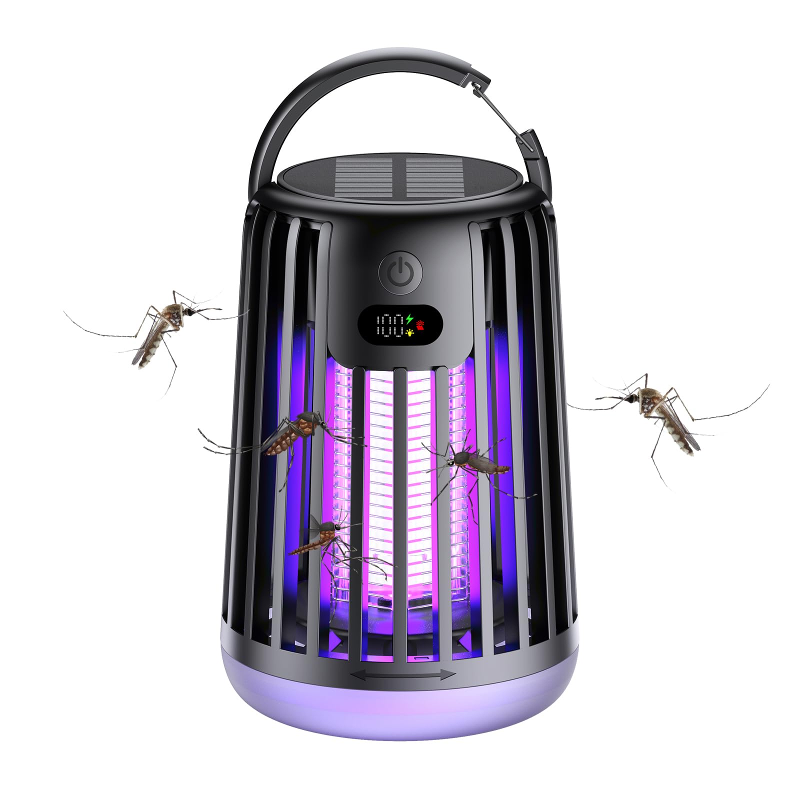 Bug Zapper,2000mAh Insect Pest Fly Killer,Type-C/Solar Charging,Electric Mosquito Zapper Solar Dual Ultrasonic & Digital display,Waterproof Mosquito Killer for Indoors and Outdoors (black)
