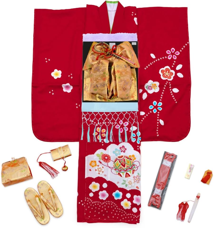 七五三 着物 7歳 フルセット 四つ身 正絹 赤 レッド 毬 まり 花柄 桜 白