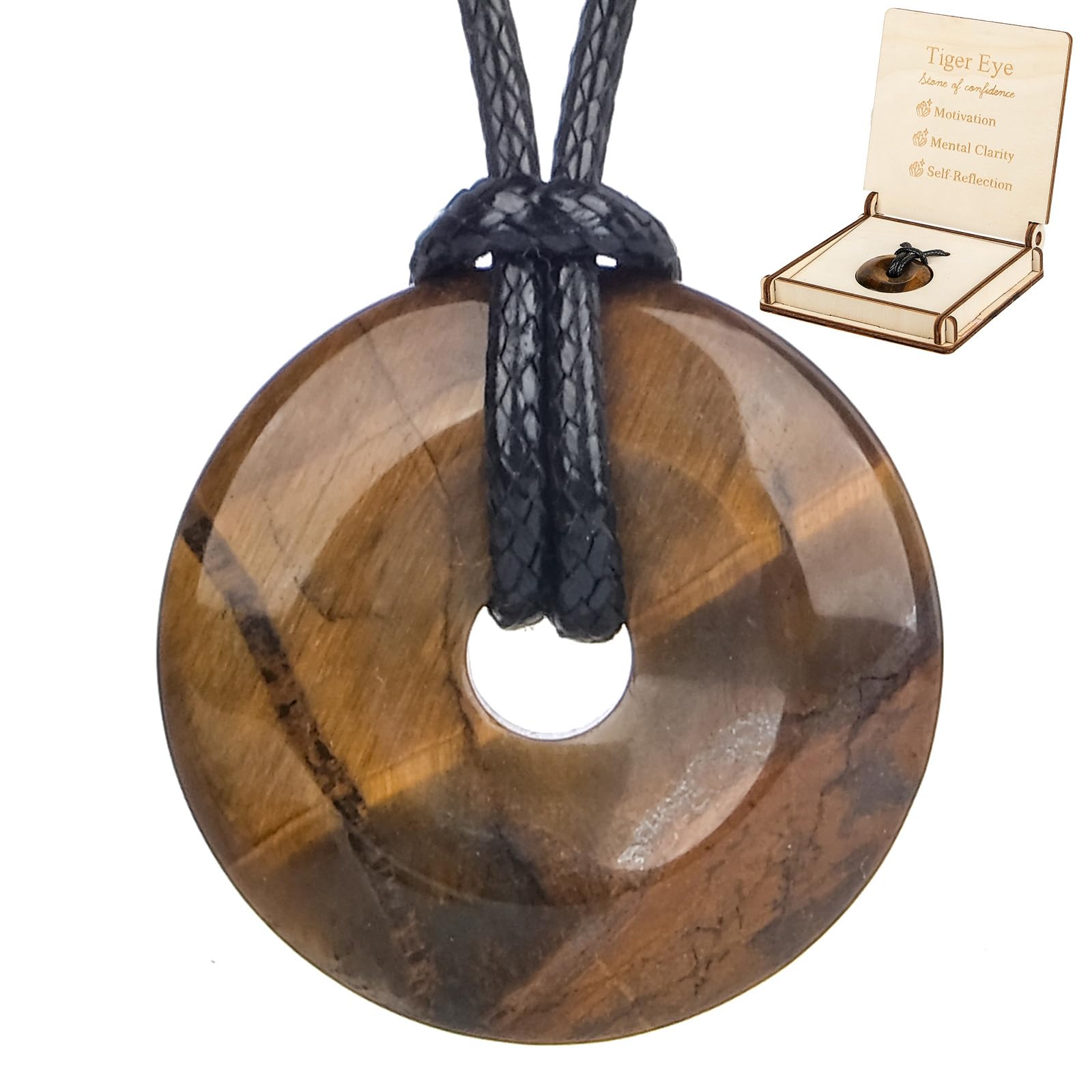 RUBY Natürlicher Edelstein Donut, Ø 30 mm+100cm Zuschneidbares Band, Gravierte Holzgeschenkbox mit Steininformationen, Naturstein Anhänger Halskette für Damen und Herren