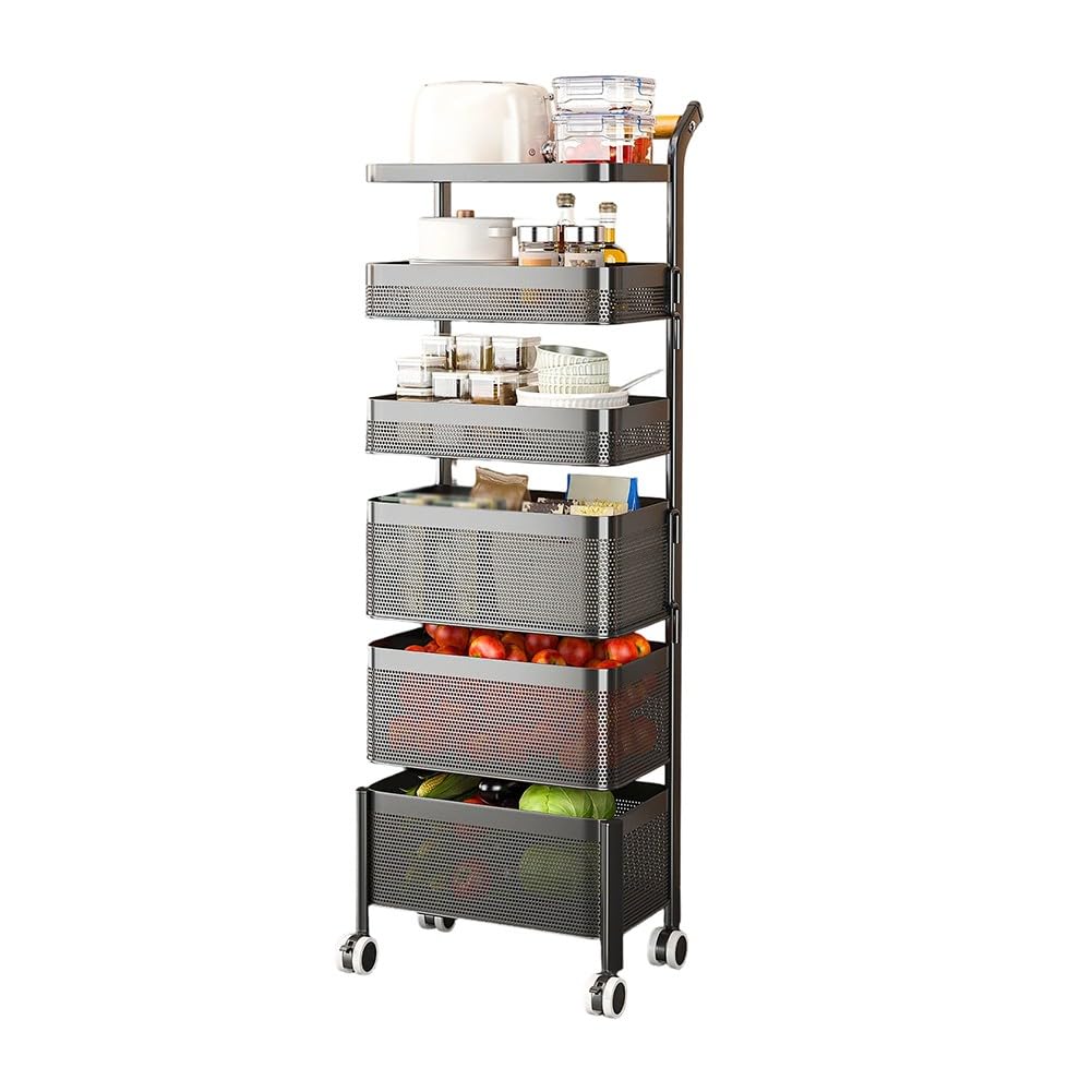 Carrito de almacenamiento delgado con ruedas, estantería de metal estrecha con ruedas bloqueables de 360 grados para cocina, baño, lavandería, organizador de huecos, color negro