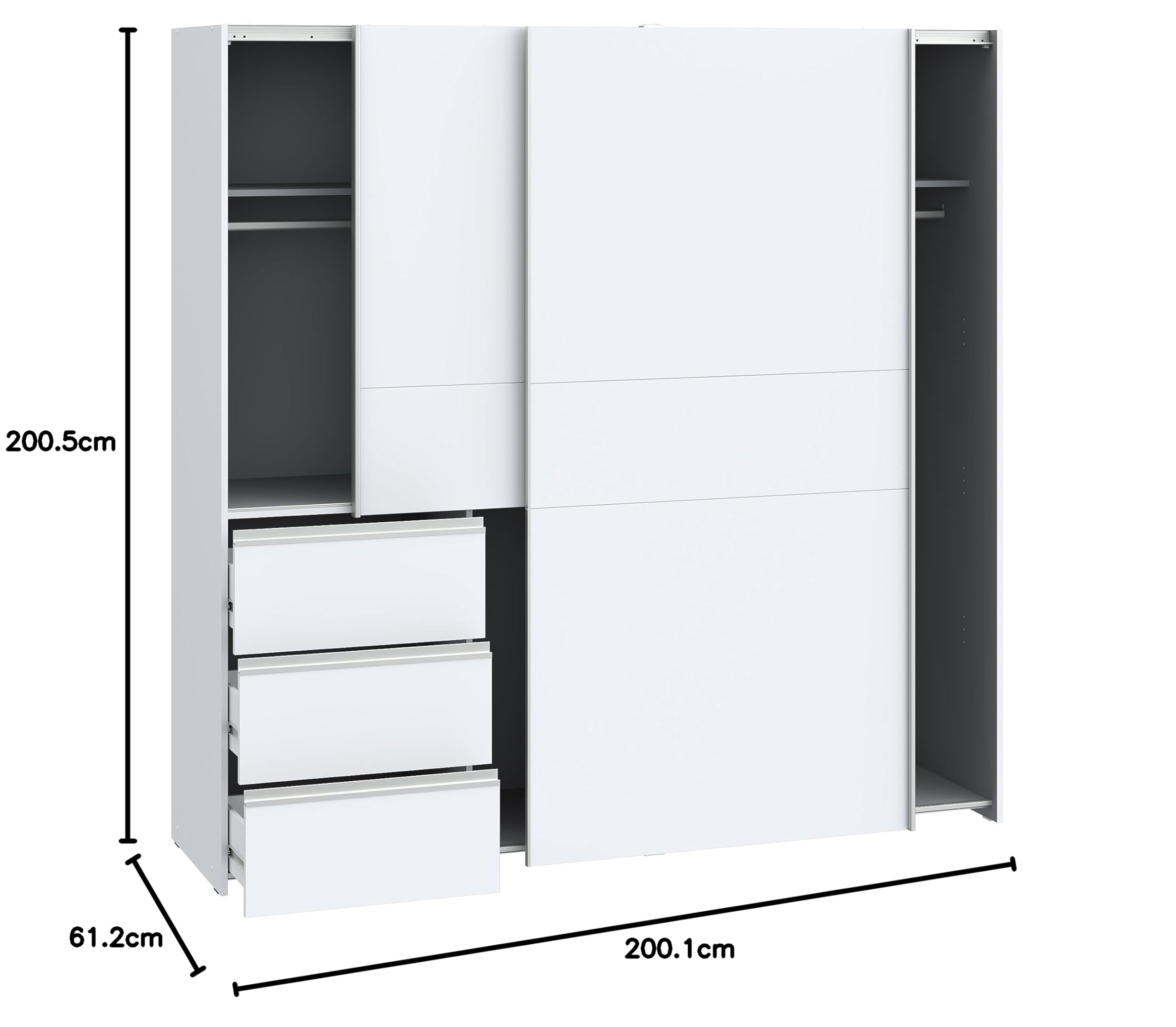 FORTE WINN 2 Schrank, weißer Kleiderschrank, Schlafzimmerschrank, Schwebetürenschrank Weiß mit Schubladen, 200 cm breit x 200 cm hoch x 61,2 cm tief