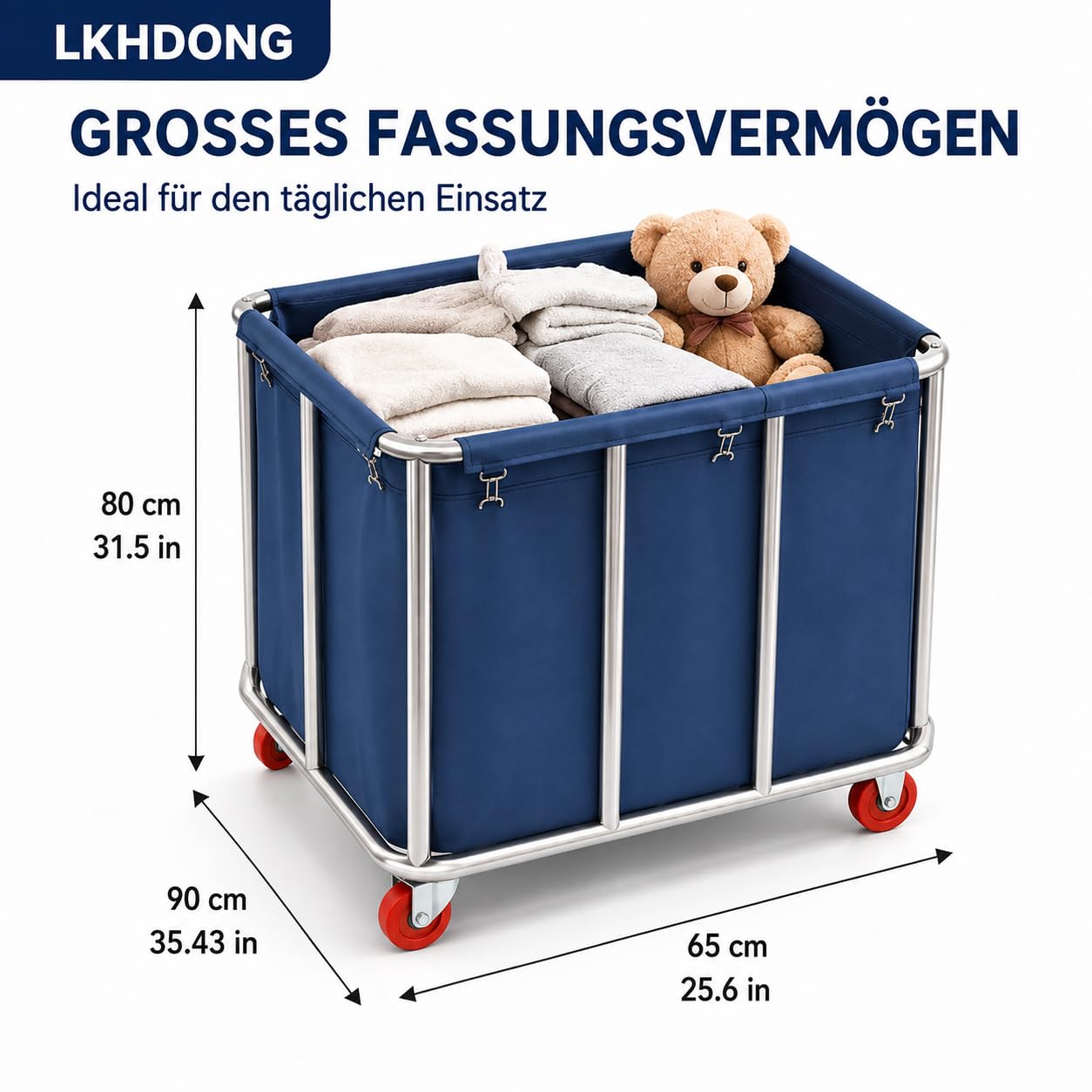 Carrello portabiancheria commerciale con ruote, grande portabiancheria con sacchetti rimovibili, per la biancheria Home Hotel 90 x 65 x 80 cm (blu)