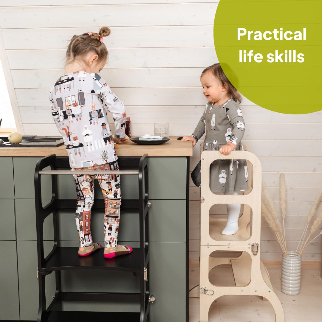 Ette Tete Step’n’Sit® Montessori Torre - Mesa de Aprendizaje Convertible • Multifuncional 2 en 1 • con Patas de Apoyo adicionales (con Cierres de latón Antiguo, Negro)
