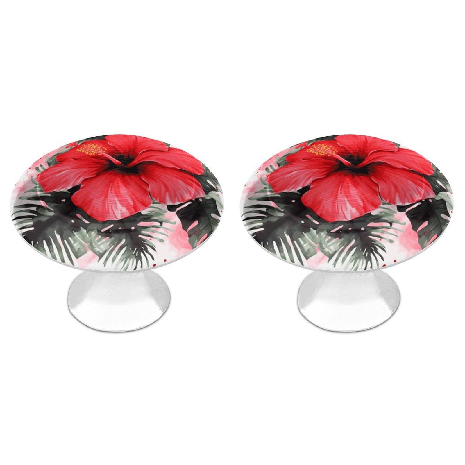 Fodpand White 2 Pack Cabinet Knobs 1.1 Inch Single Hole Drawer Pulls Handles Decorative Red Hibiscus Furniture Knobs For Dresser Kitchen Bathroom Cupboard Wardrobe Vanity Closet Door Hardware
