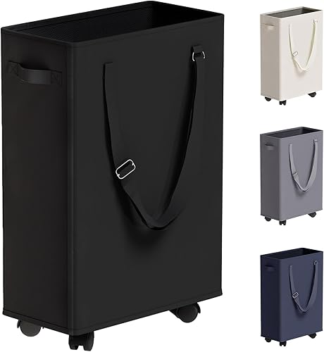 Cesta de Lavandería Rodante Delgada, Cesto de Ropa Delgado con Ruedas y Asas Largas Ajustables, 45L Cestas Pequeñas de Lavandería con Parte Superior