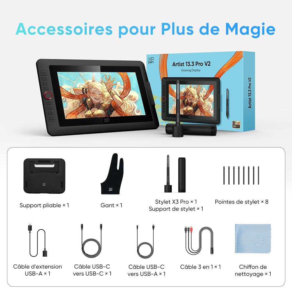 XPPen Artist 13.3 Pro V2 Tablette Graphique Dessin avec Écran Laminé,16K(16384) Niveaux de Pression, Tablette Graphique Portable de 13,3 Pouces, 8 Raccourcis, Compatible avec Windows et macOS