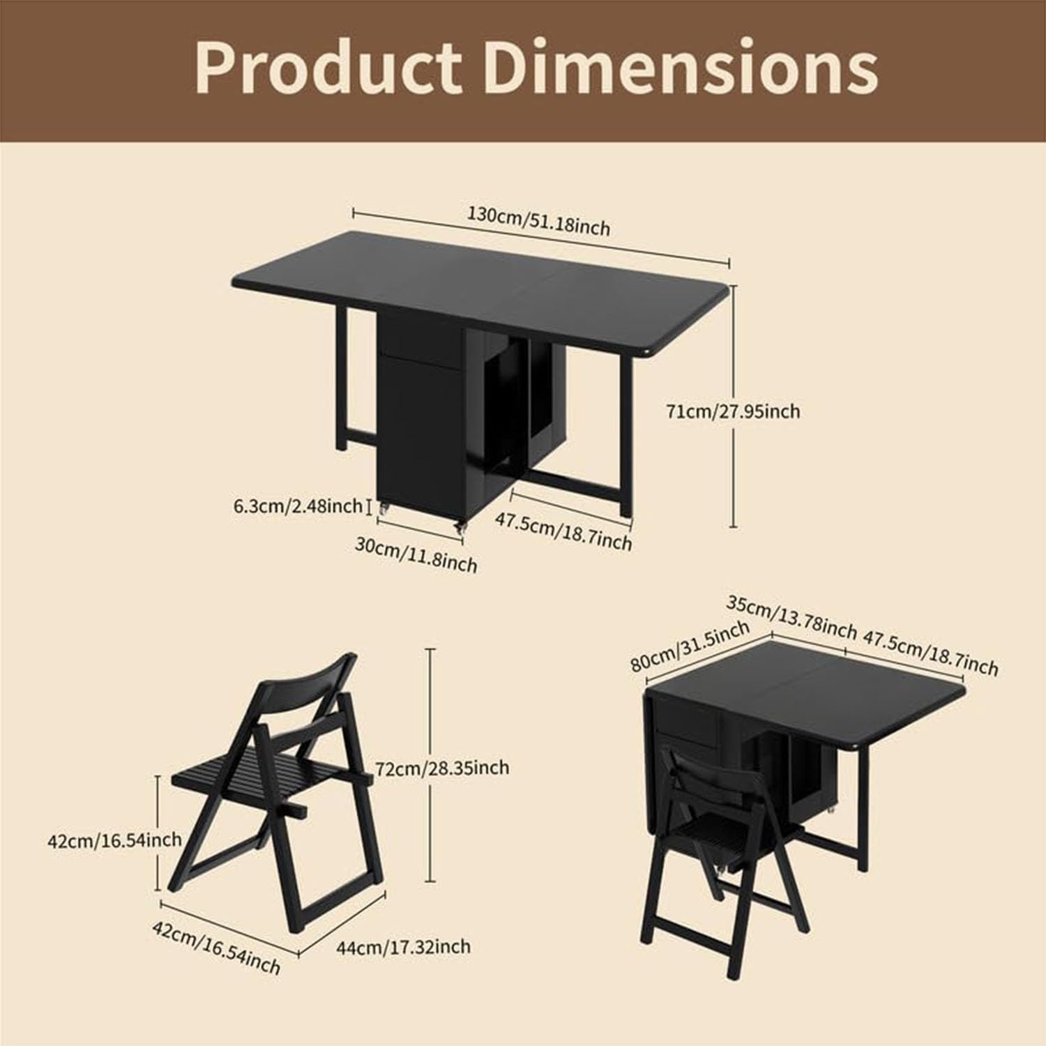 Table de salle à manger pliante avec 4 chaises, design peu encombrant, avec roulettes, pour petites cuisines et salles à manger, peut accueillir 4 à 6 personnes, 130 cm