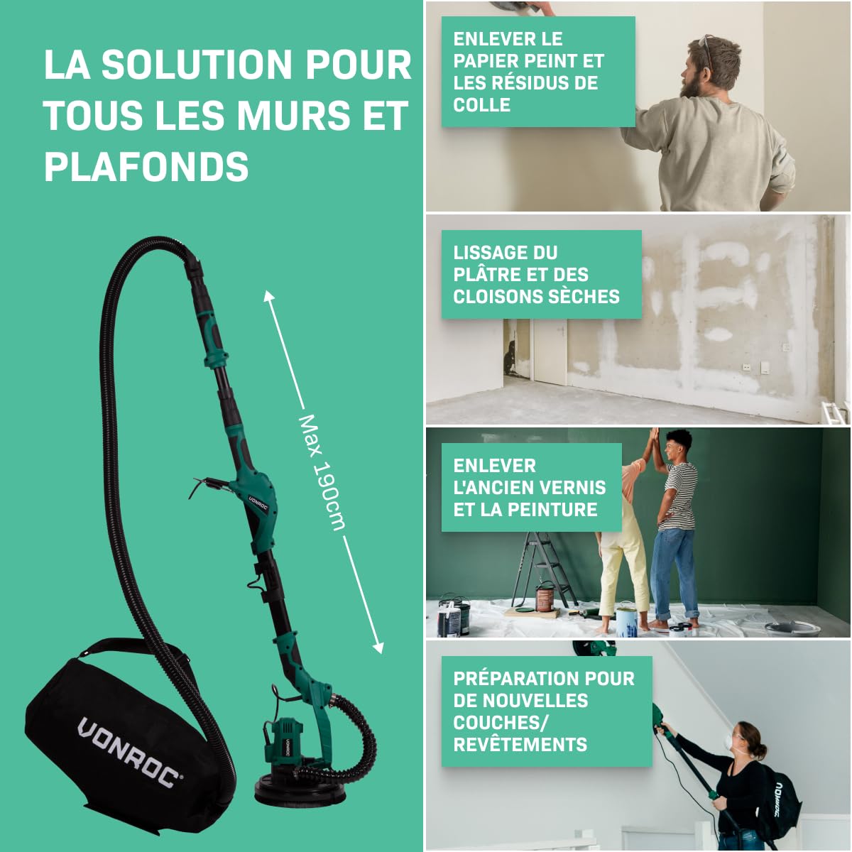 Ponceuse Girafe 1050W - Kit Professionnel Complet Nettoyage, 6 Papiers Abrasifs, Tuyau pour Aspirer Poussière - Ponceuse Mur et Plafond - Câble 4 Mètres, Tête Pivotante - Pour un Résultat Lisse